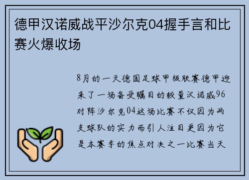 德甲汉诺威战平沙尔克04握手言和比赛火爆收场